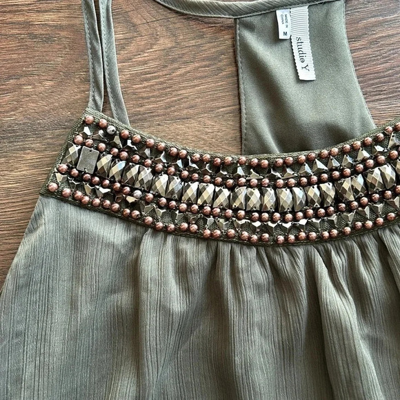 Studio Y Olive Green Tank Top with Gems | Olive Green Tank Top | Green Tank Top - Picture 3 of 11